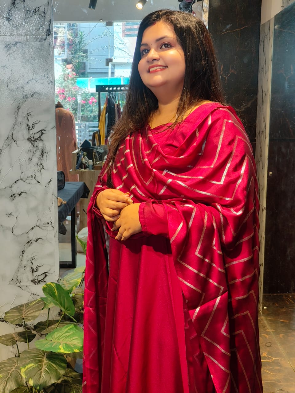 Plain Wine Anarkali with designer Duppatta